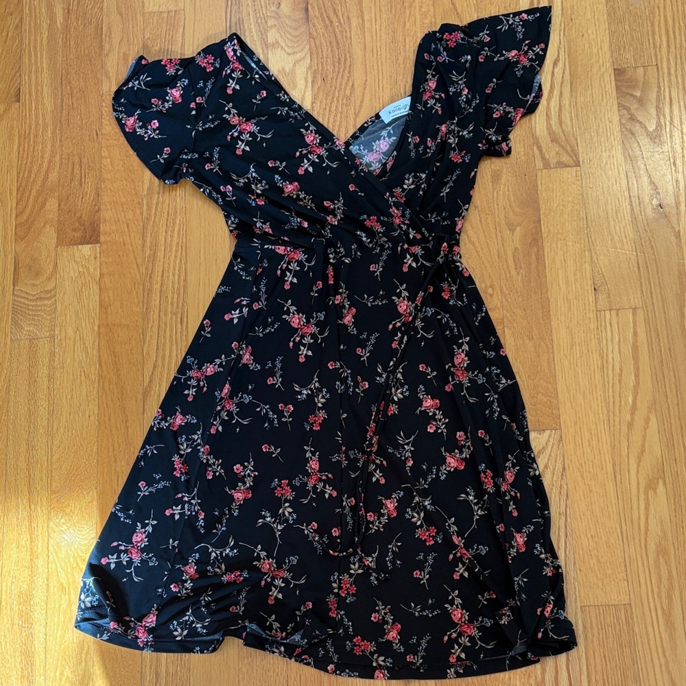 Kaileigh Black Dress with Pink Floral Accents